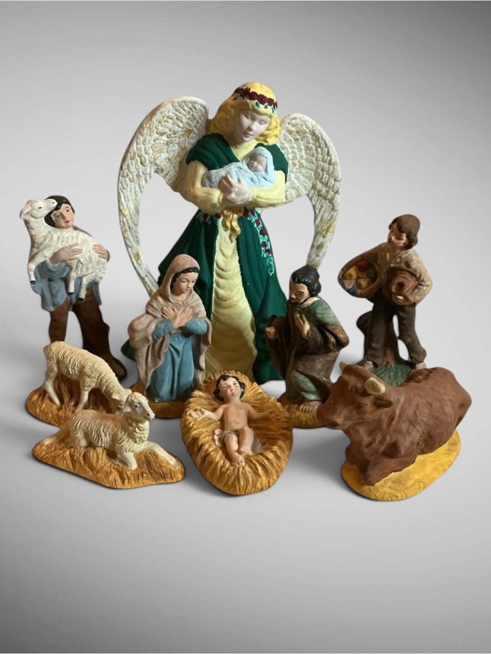 Vintage 9 Piece Hand Painted Nativity Set Christmas Decor Angel Holy Family